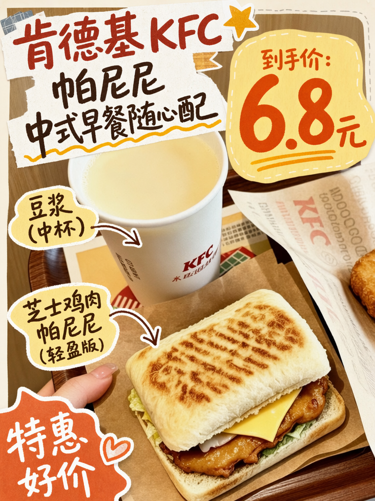 肯德基轻盈版帕尼尼+豆浆6.8元,低卡早餐好选择